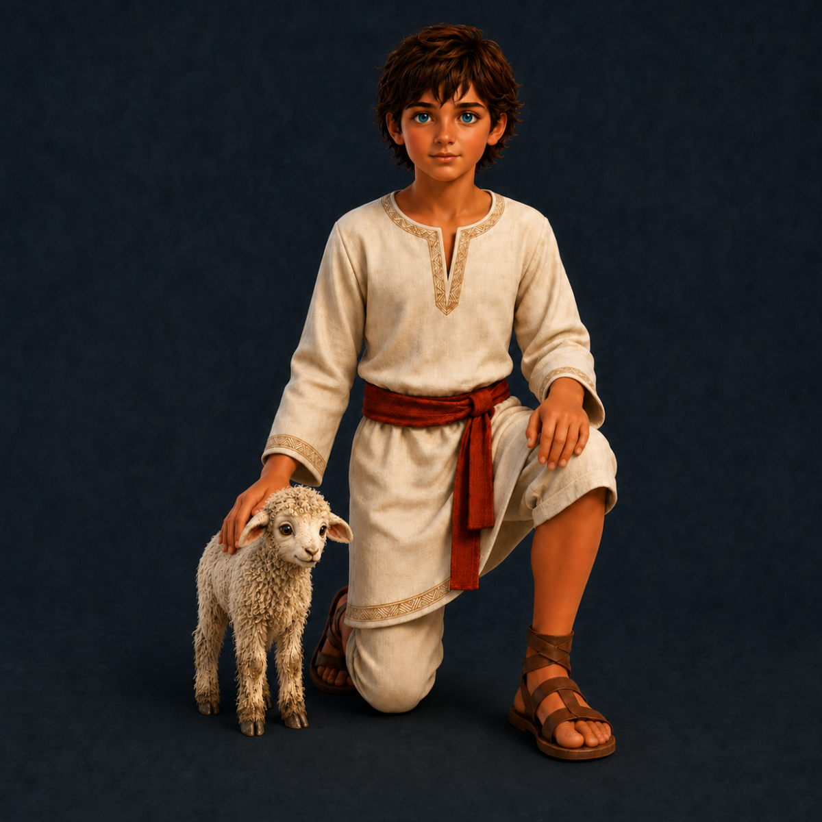 Jesus kneeling beside Nudge